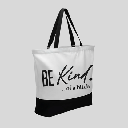 Black tote bag with white lettering 