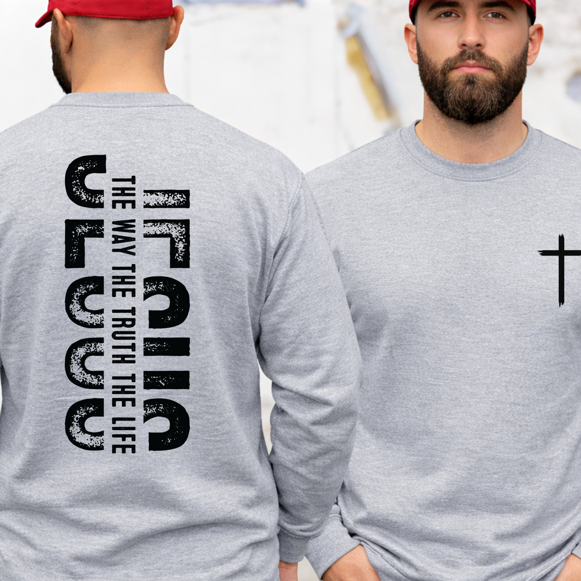 Gray Christian sweatshirt with black cross front and bold Jesus The Way The Truth The Life vertical back print