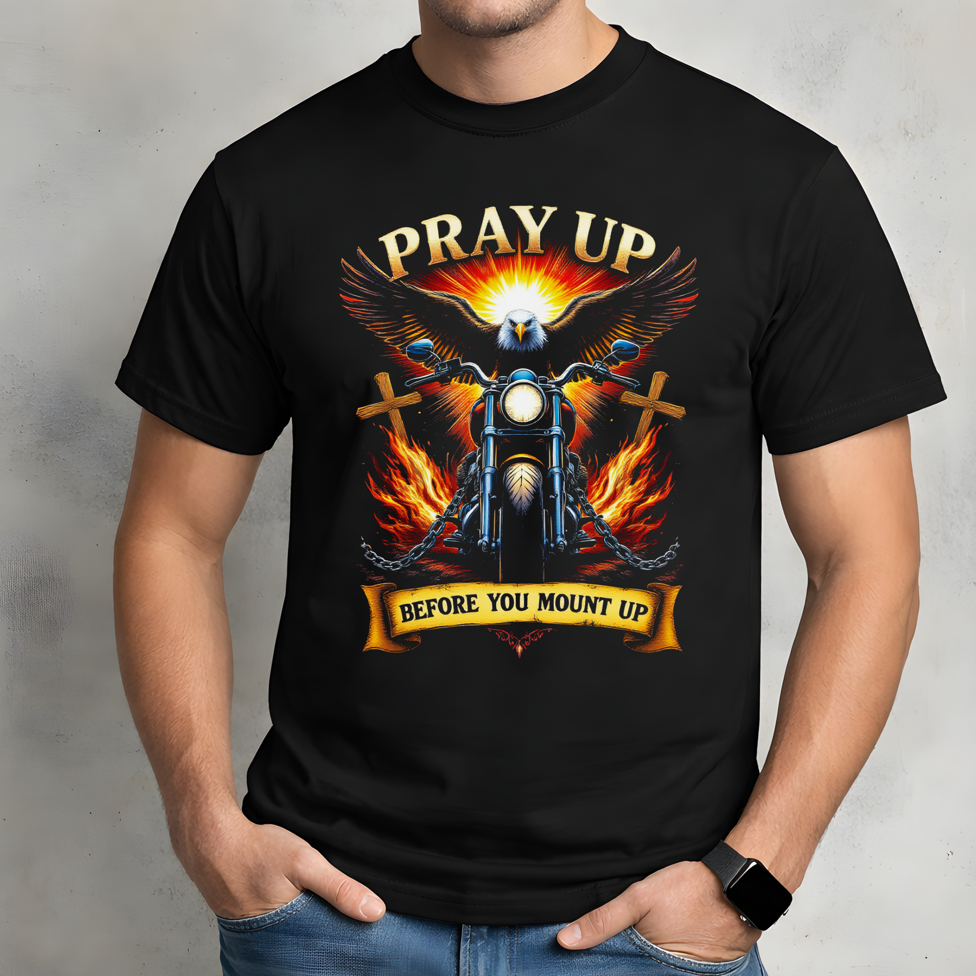 Men’s black Christian Tshirt with bold motorcycle and eagle graphic front view