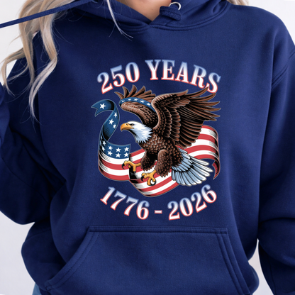 Navy blue hoodie with eagle and American flag design celebrating 250 years from 1776 to 2026.