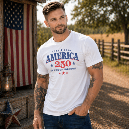 Man wearing a white t-shirt with 'America 250' design outdoors.