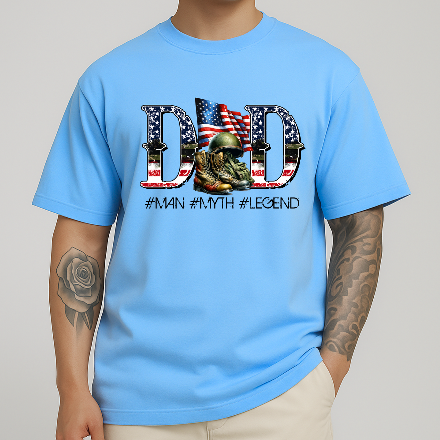Man wearing light blue DAD shirt with American flag and military boots graphic – #Man #Myth #Legend

