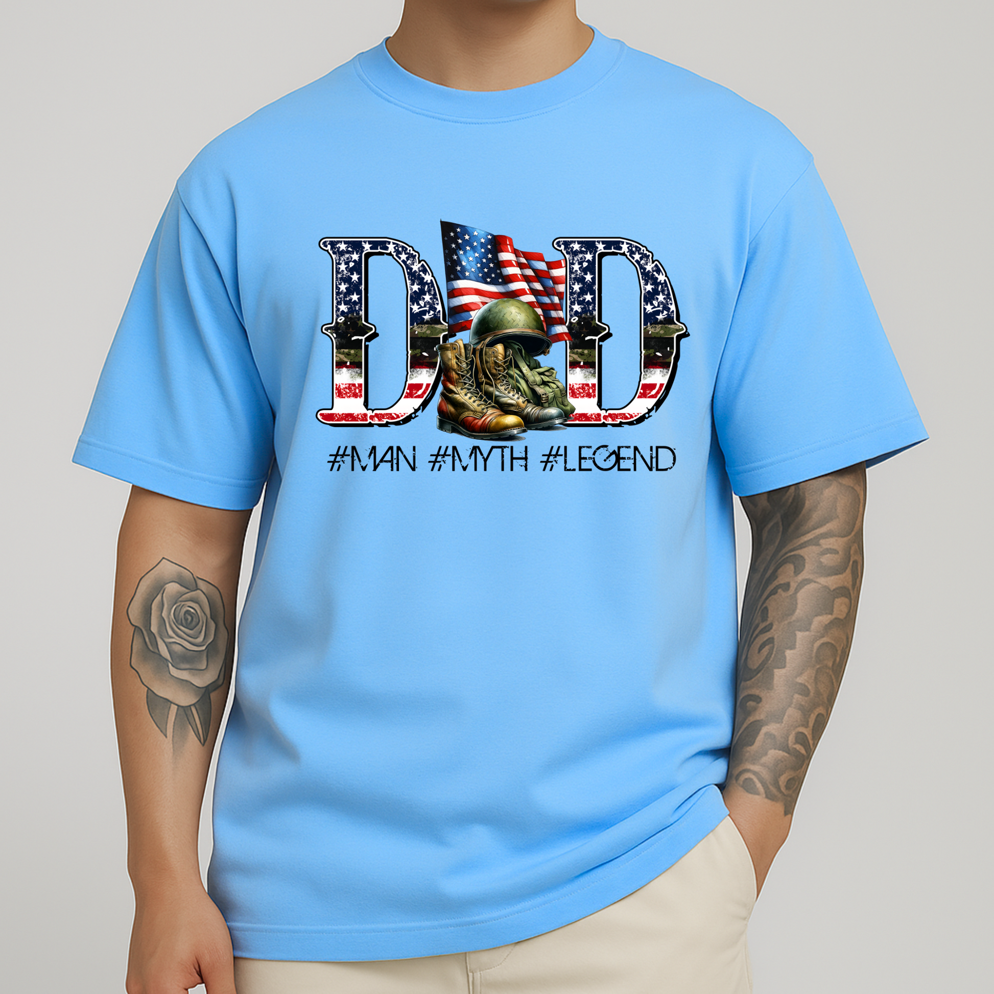 Man wearing light blue DAD shirt with American flag and military boots graphic – #Man #Myth #Legend

