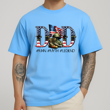 Man wearing light blue DAD shirt with American flag and military boots graphic – #Man #Myth #Legend

