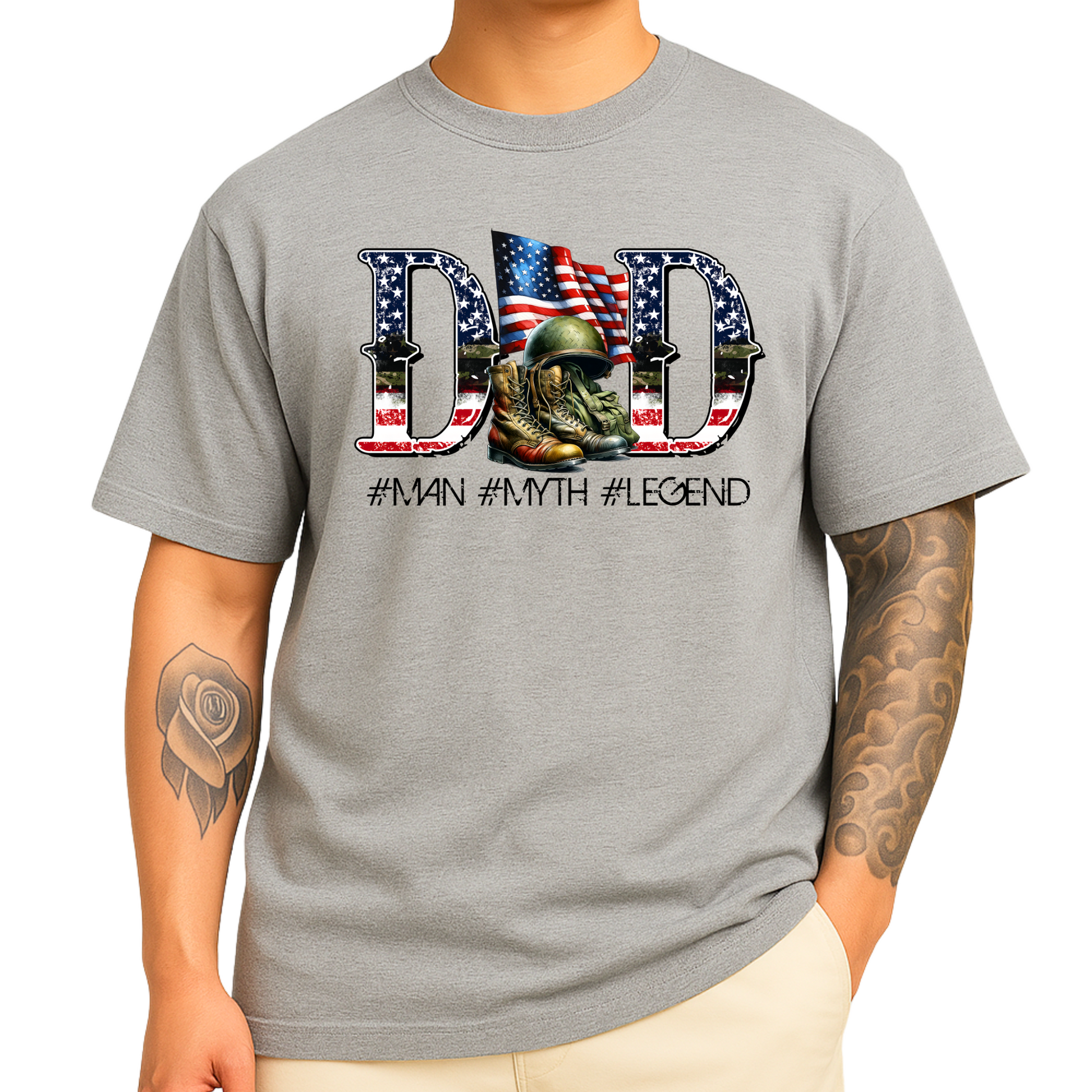 Heather gray DAD t-shirt with patriotic American flag and soldier tribute design

