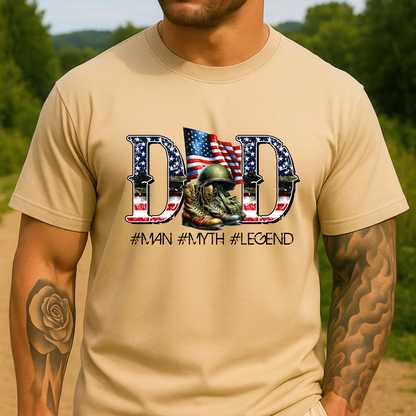Man in sand-colored DAD t-shirt with American flag and army gear design honoring veteran dads

