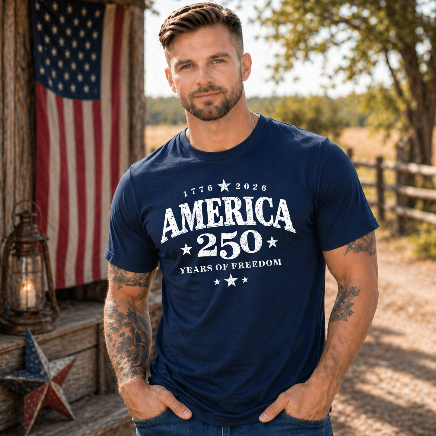 Man wearing a navy blue t-shirt with 'America 250' text, standing outdoors with an American flag in the background.