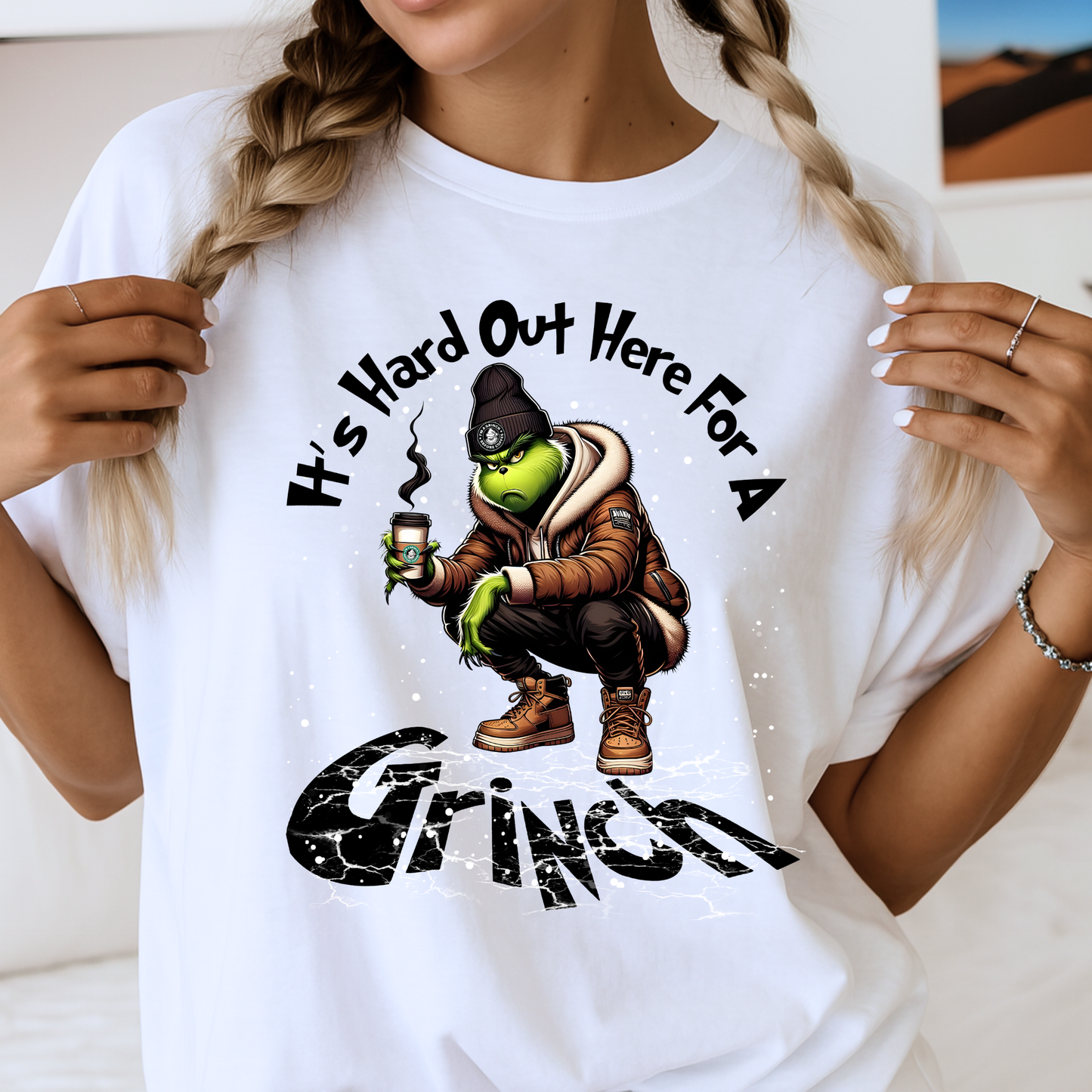 White unisex t-shirt with Grinch street-style graphic and winter snow effect.