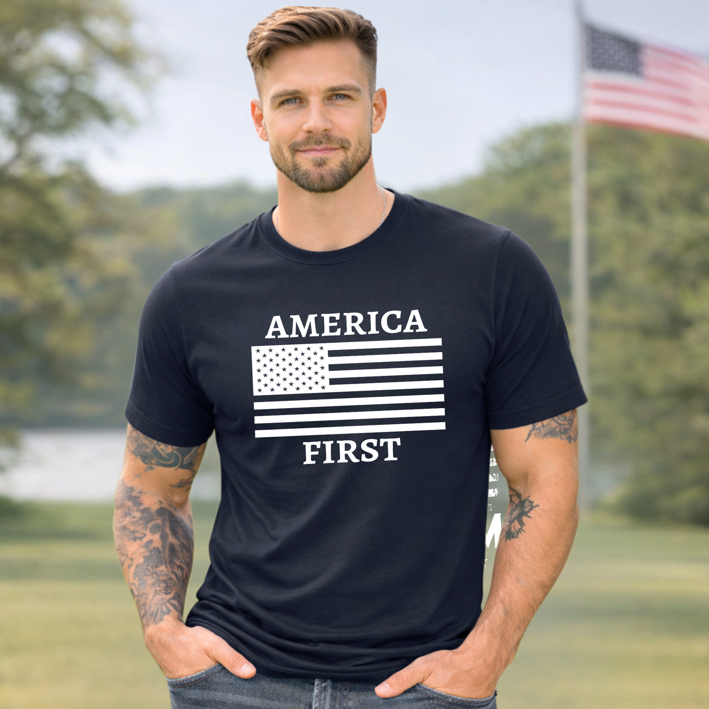 Men's black patriotic America First t-shirt with American flag graphic – America 250 anniversary shirt.