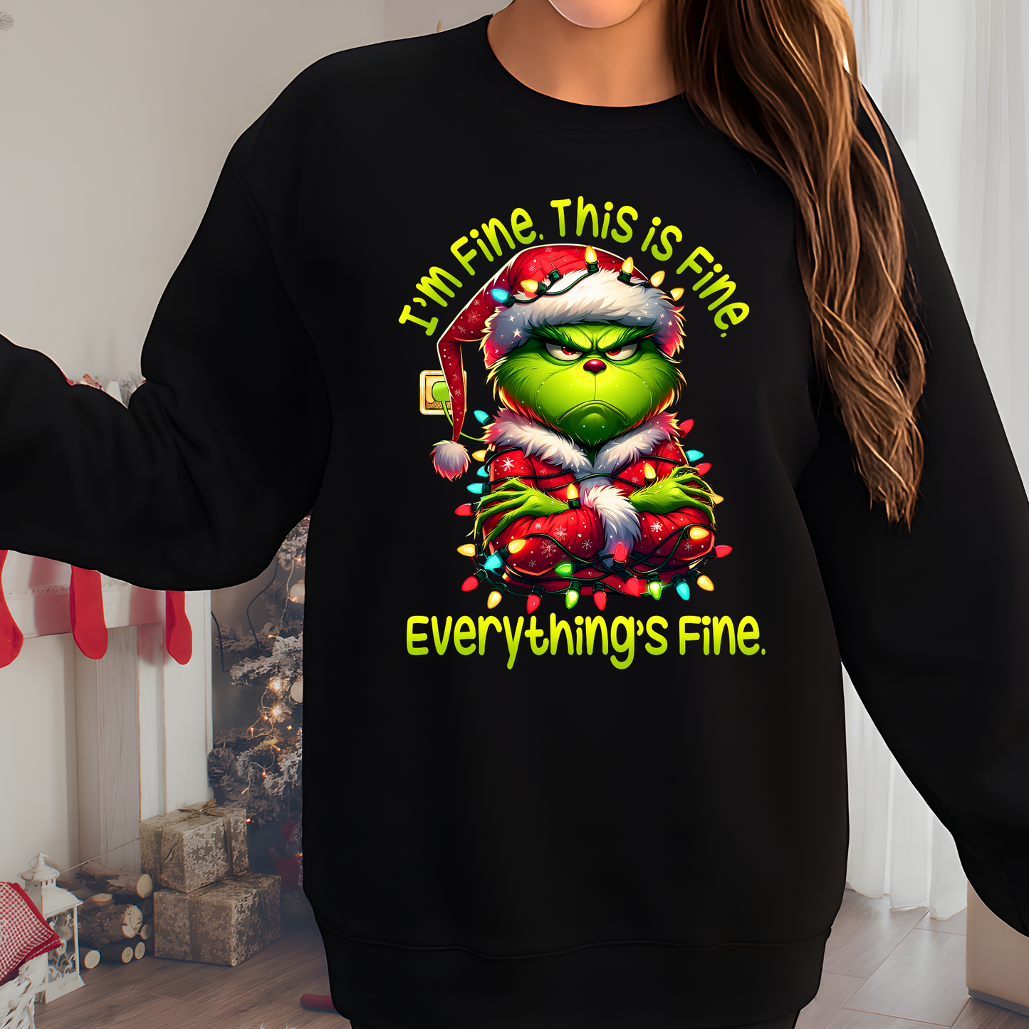 Black unisex sweatshirt with I’m Fine Christmas lights graphic, festive humorous design.