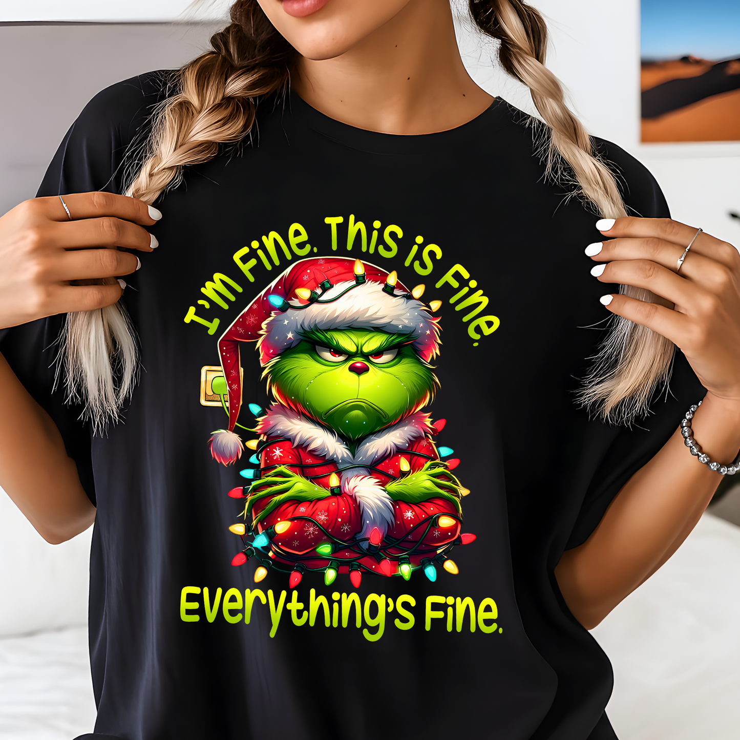 Black unisex t-shirt featuring I’m Fine Christmas Grinch-style graphic with lights.