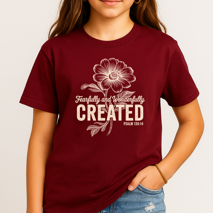Youth girl wearing maroon t-shirt with Fearfully and Wonderfully Created floral design standing casually