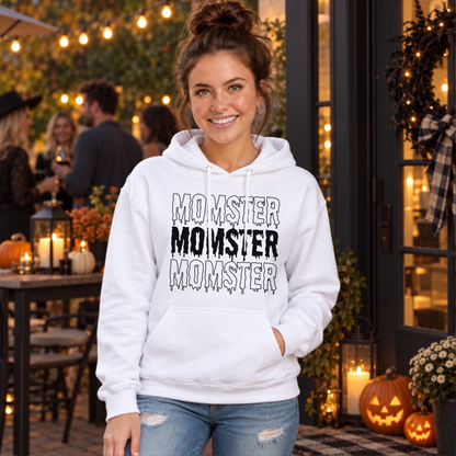 Woman wearing the MOMSTER Halloween design in a seasonal lifestyle setting.