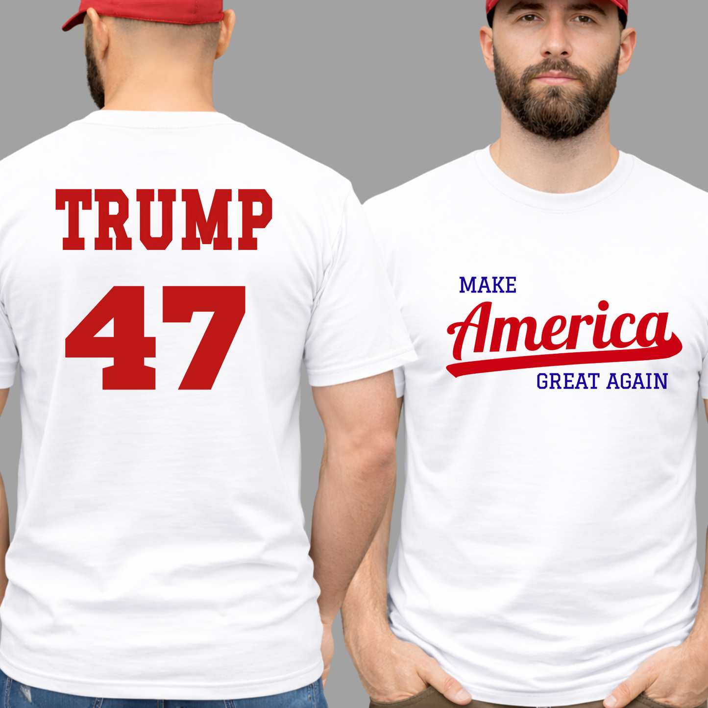 Trump 47 t-shirt front and back view, Make America Great Again graphic tee, patriotic red white blue design on white shirt