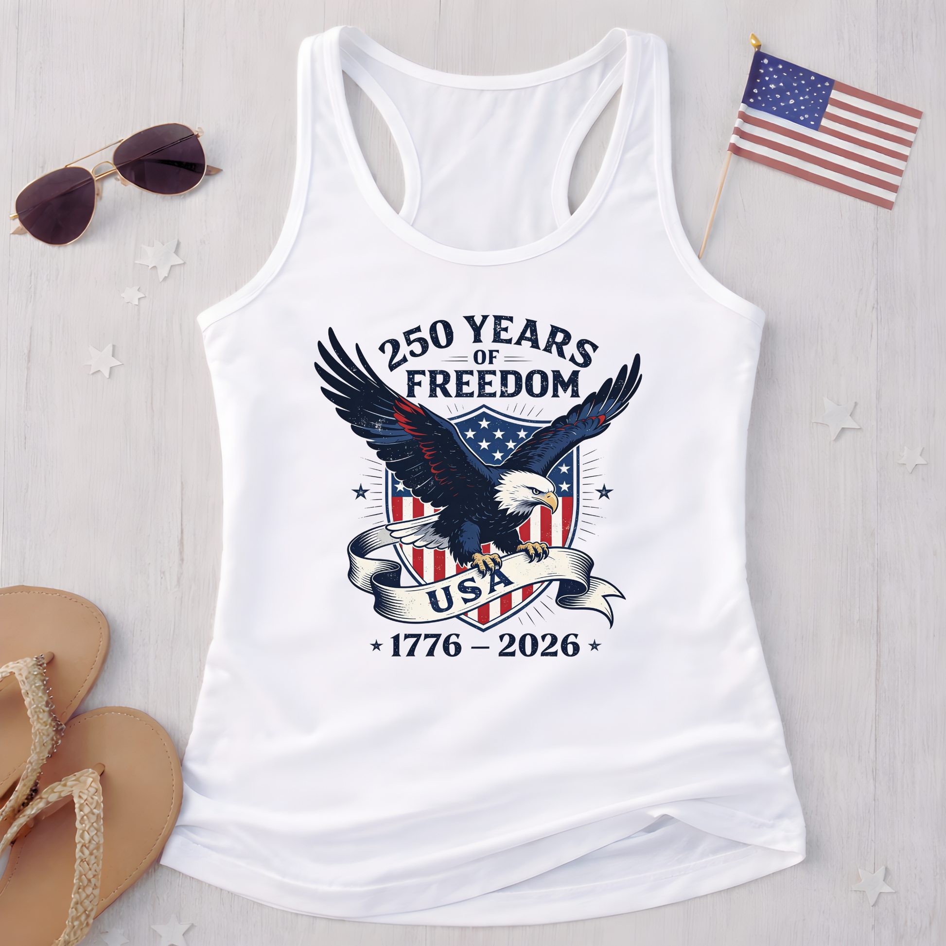 America 250 Women's Racerback Tank Top – 1776–2026 Patriotic Eagle Design – White