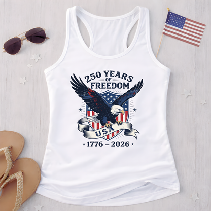 America 250 Women's Racerback Tank Top – 1776–2026 Patriotic Eagle Design – White
