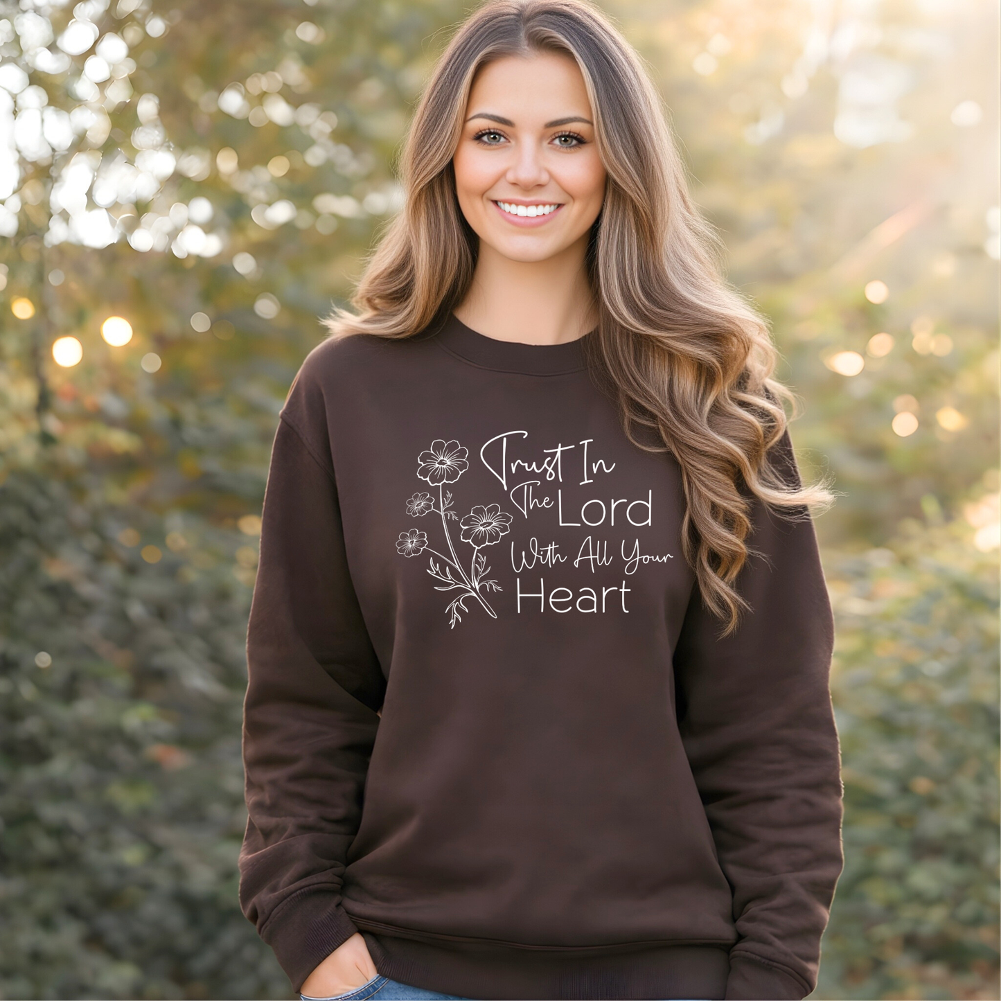 Brown unisex Christian crewneck sweatshirt with trust in the Lord floral graphic