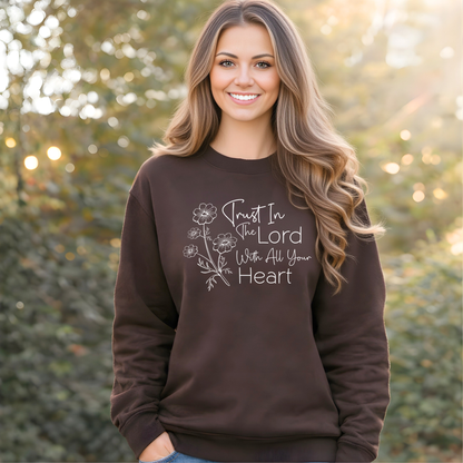 Brown unisex Christian crewneck sweatshirt with trust in the Lord floral graphic
