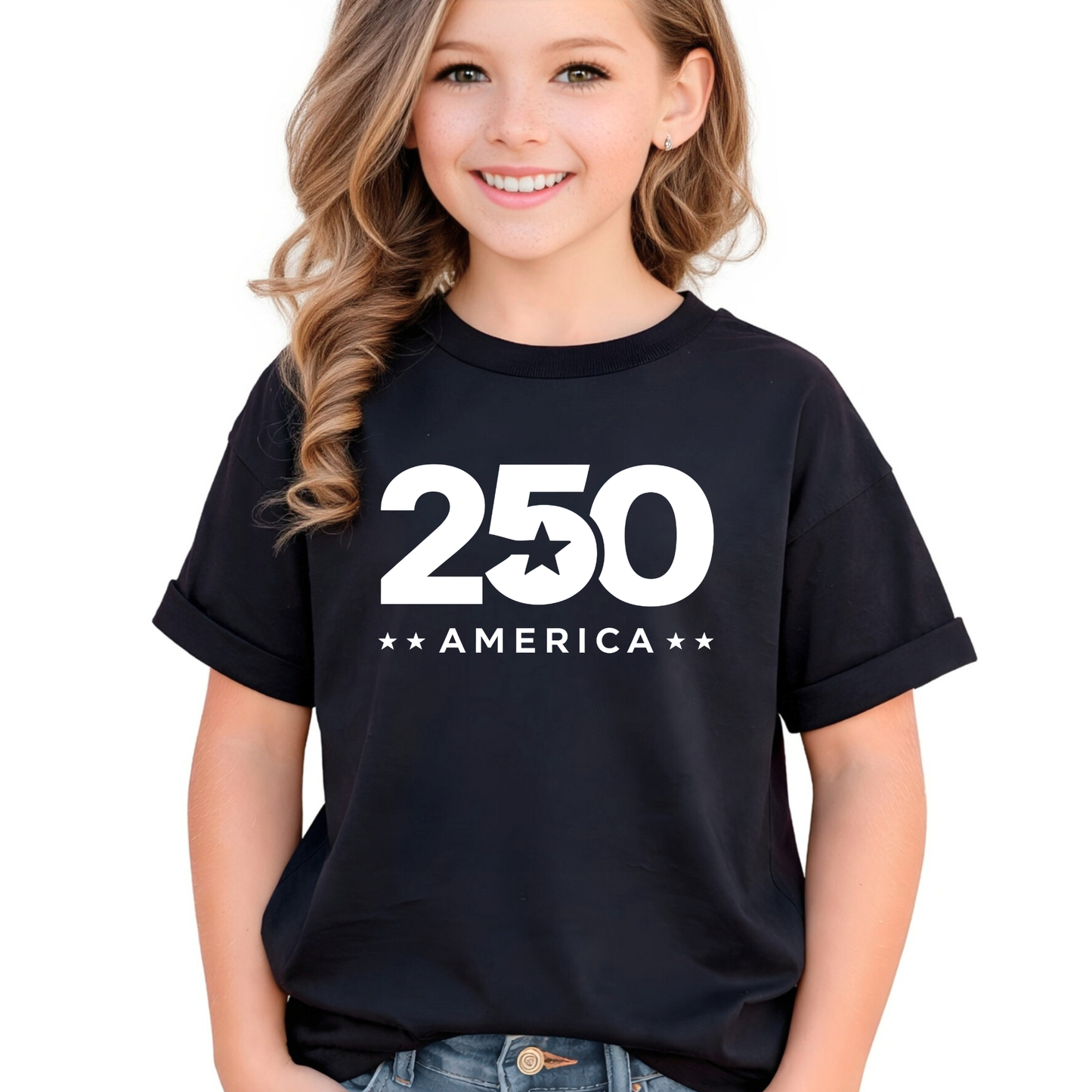 Child wearing a black t-shirt with '250 America' print on a white background