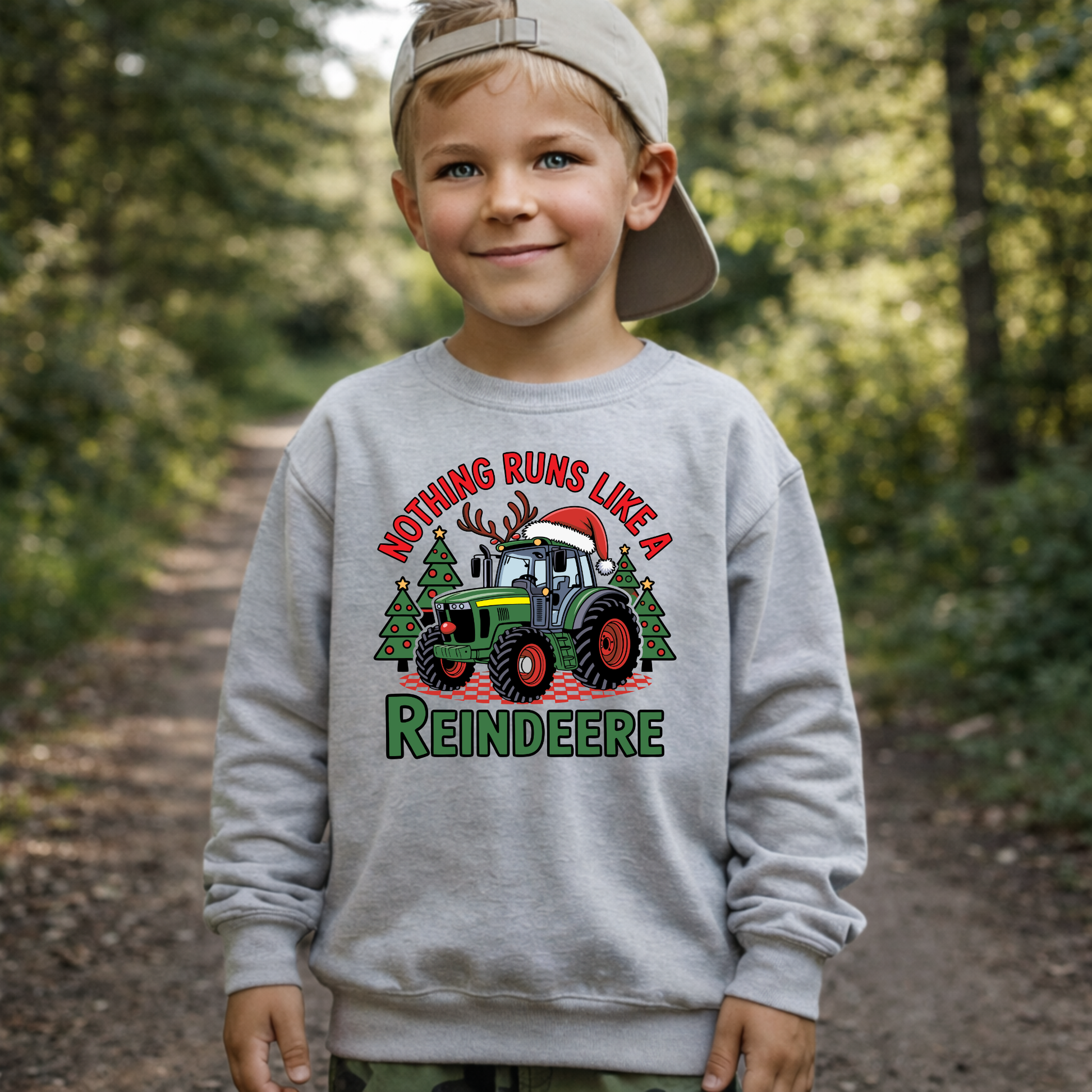 Child wearing a Christmas-themed sweatshirt with a tractor and reindeer design in a forest setting.