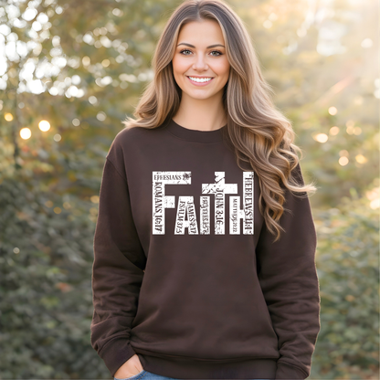 Woman wearing brown unisex Christian sweatshirt featuring faith cross scripture design