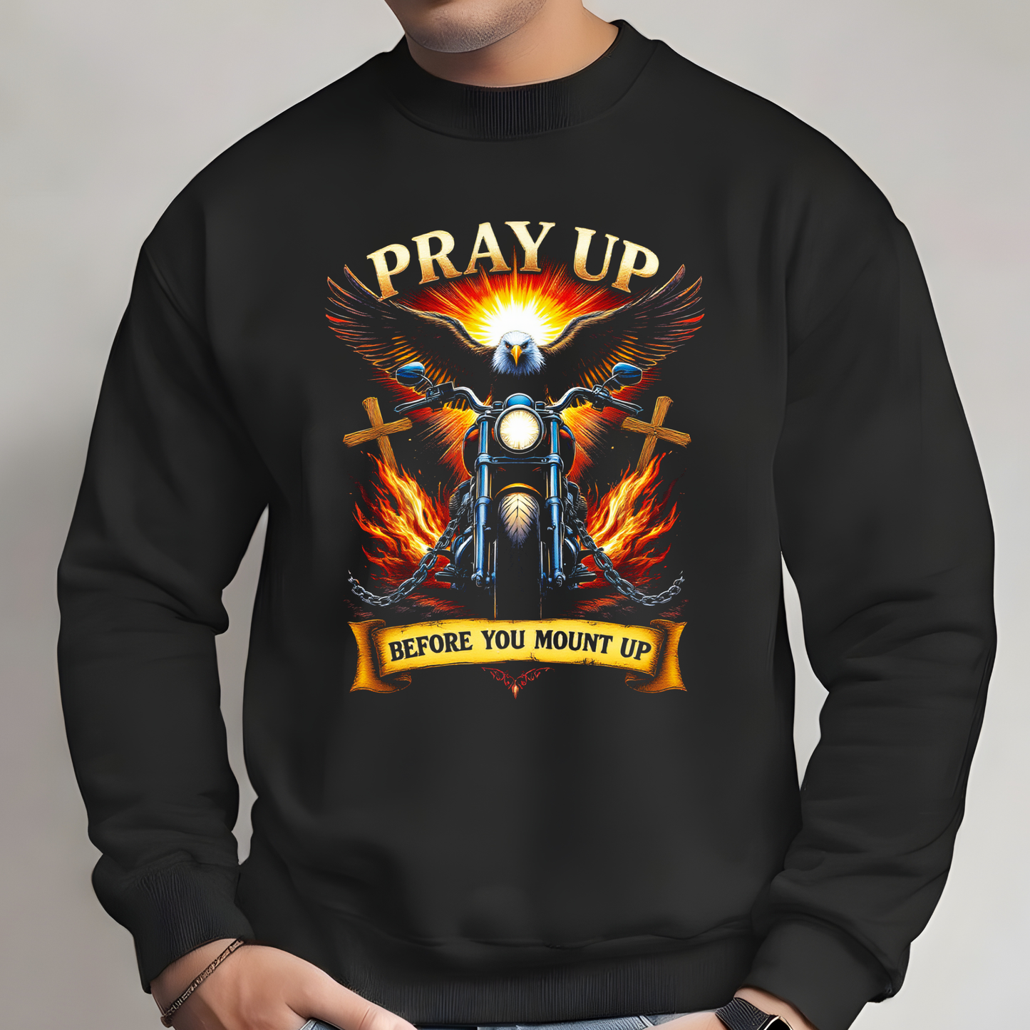 Men’s black Christian sweatshirt with bold motorcycle and eagle graphic front view