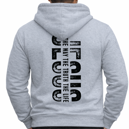 Gray Christian hoodie back view showing Jesus The Way The Truth The Life vertical distressed graphic