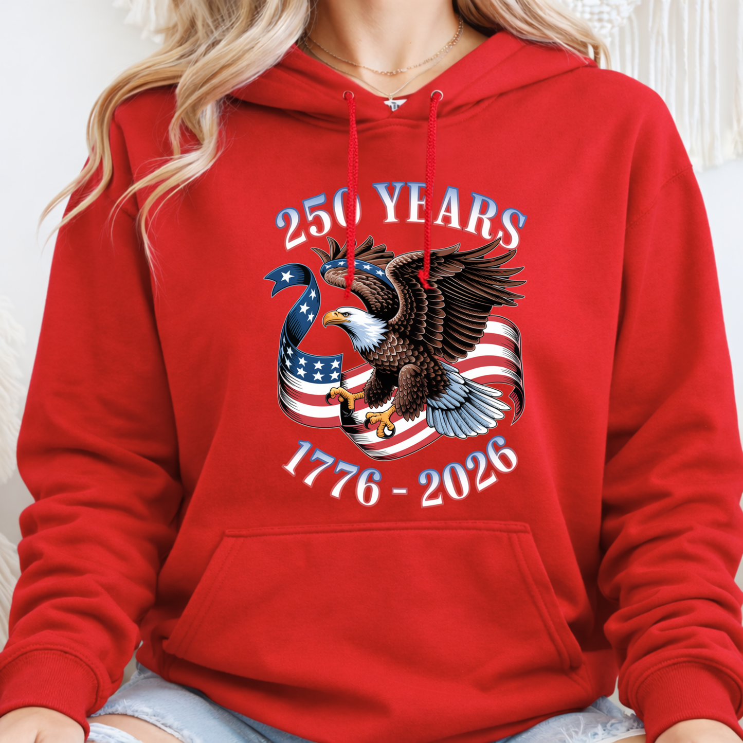 Womens red patriotic hoodie America 250 eagle 1776 2026 graphic sweatshirt