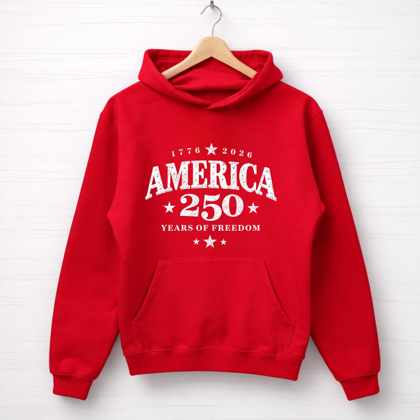 Red hoodie with white text on a hanger against a white background