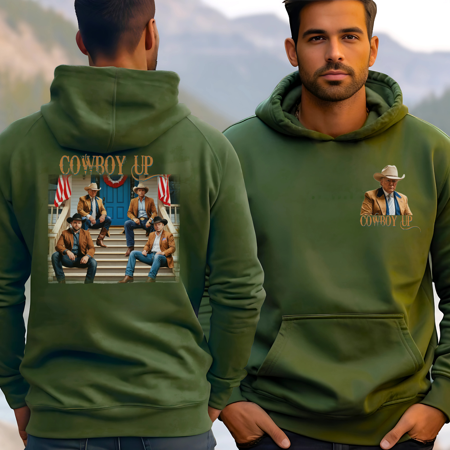 Trump Cowboy Up Patriotic Western Hoodie – Front & Back Cowboy Print