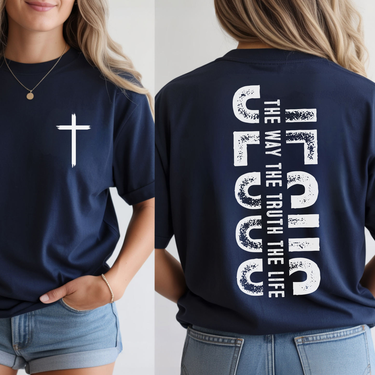 Navy blue Christian t-shirt with front cross and distressed vertical Jesus faith print on back