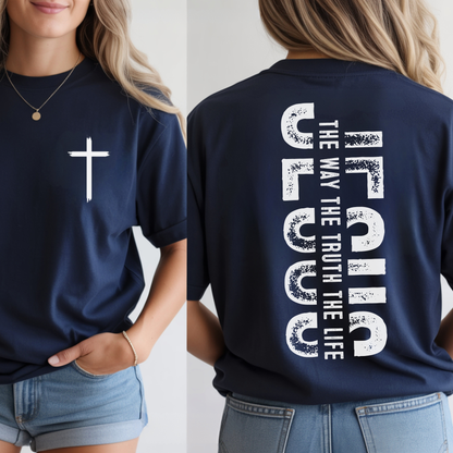 Navy blue Christian t-shirt with front cross and distressed vertical Jesus faith print on back