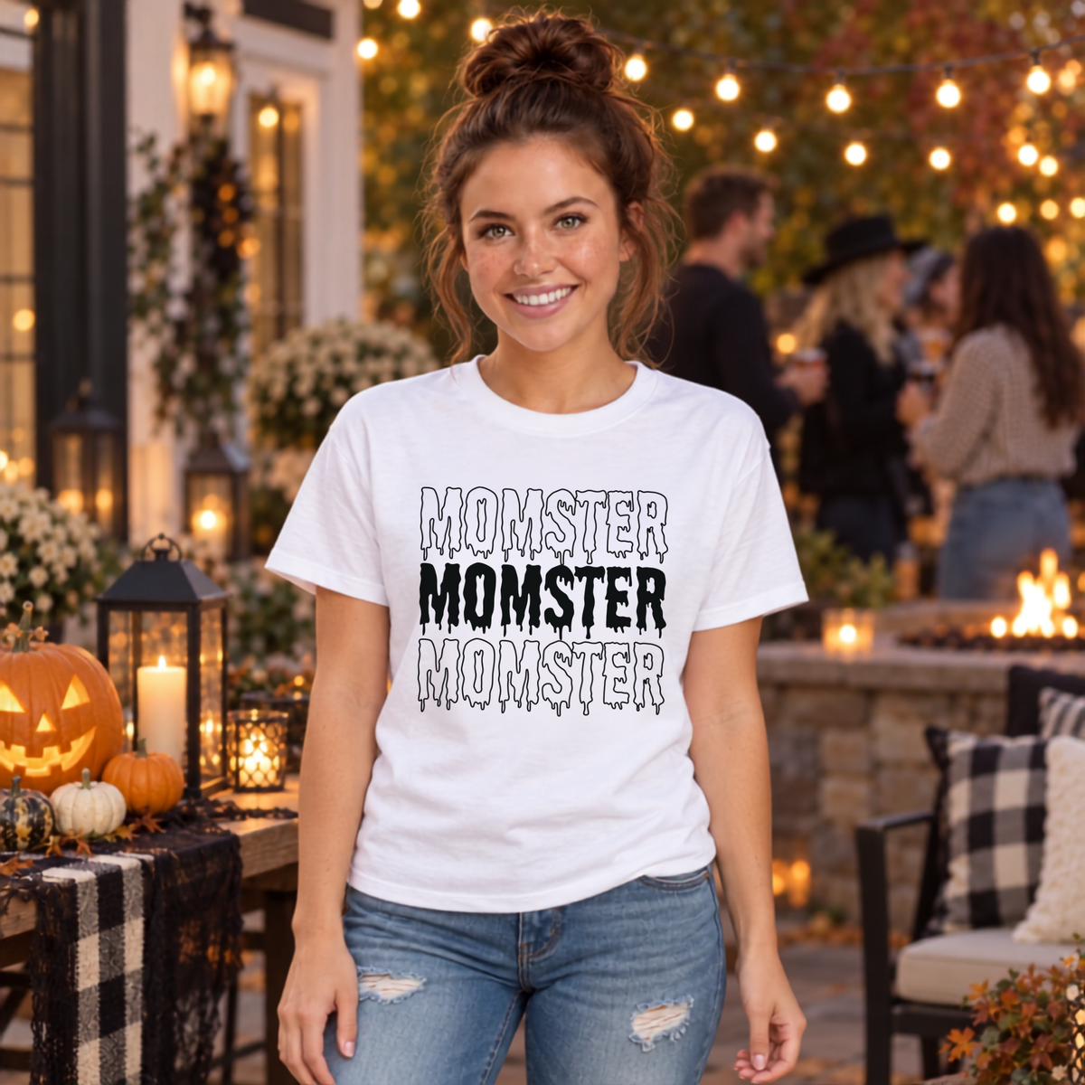 Woman modeling the playful MOMSTER graphic apparel design for Halloween and spooky season.