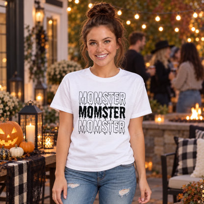 Woman modeling the playful MOMSTER graphic apparel design for Halloween and spooky season.