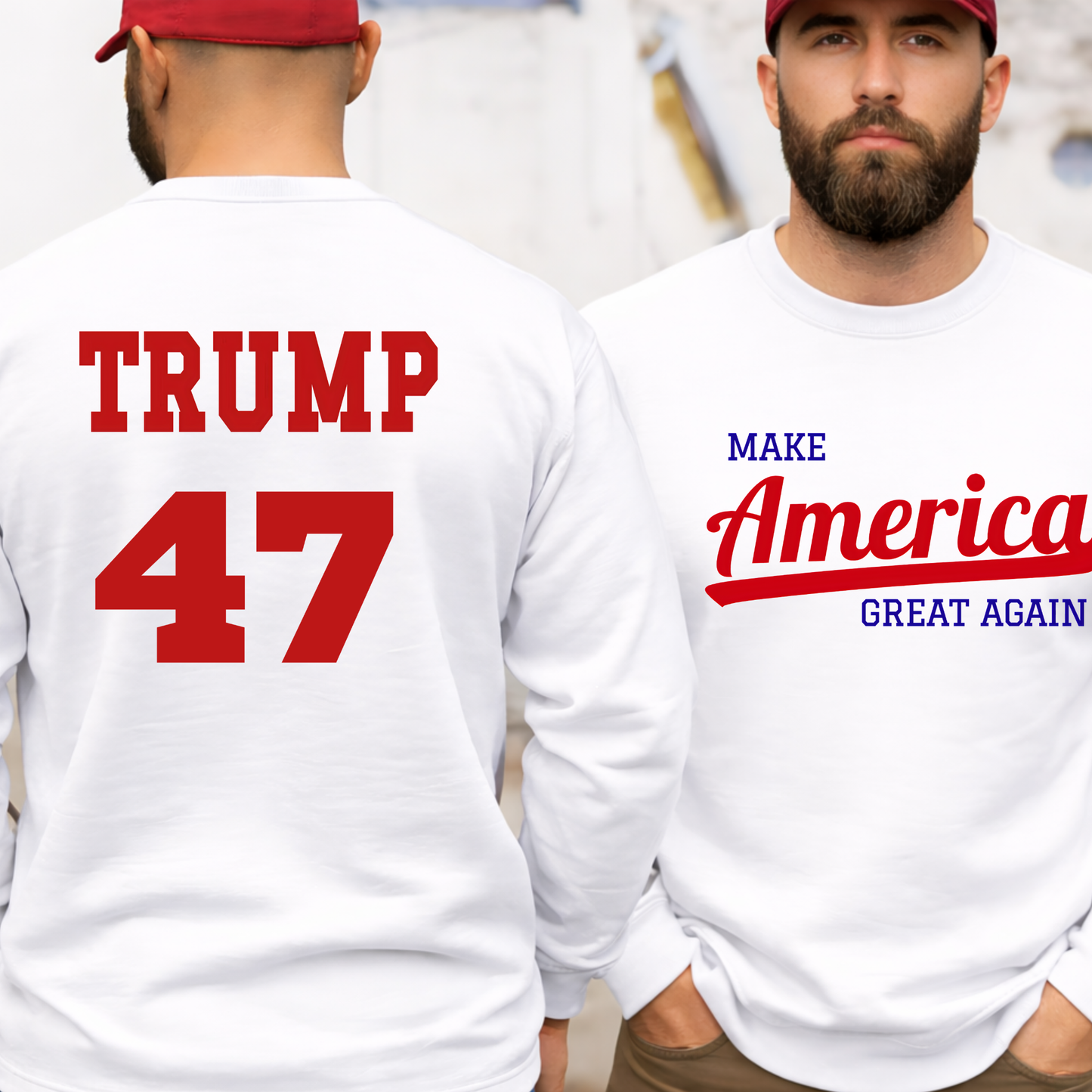 Trump 47 crewneck sweatshirt front and back, patriotic Make America Great Again design