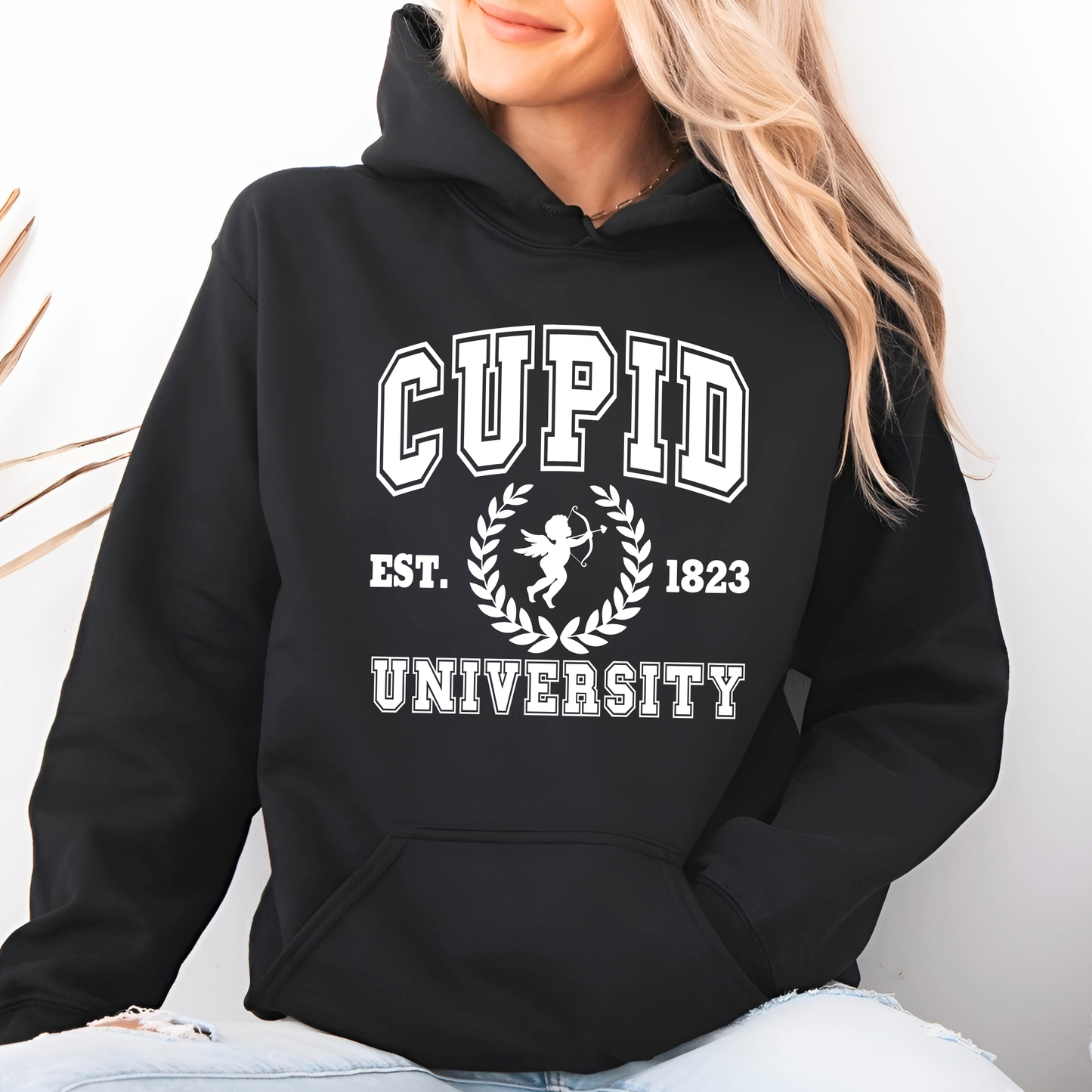 Cupid University sweatshirt folded to show neckline and collar detail