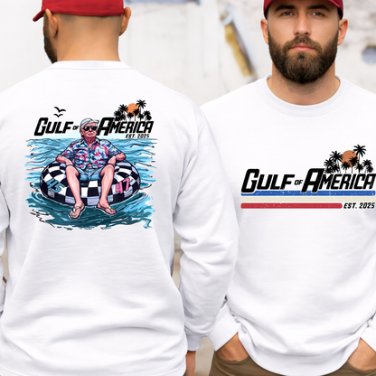 Gulf of America crewneck sweatshirt front and back, patriotic graphic with beach scene and retro design