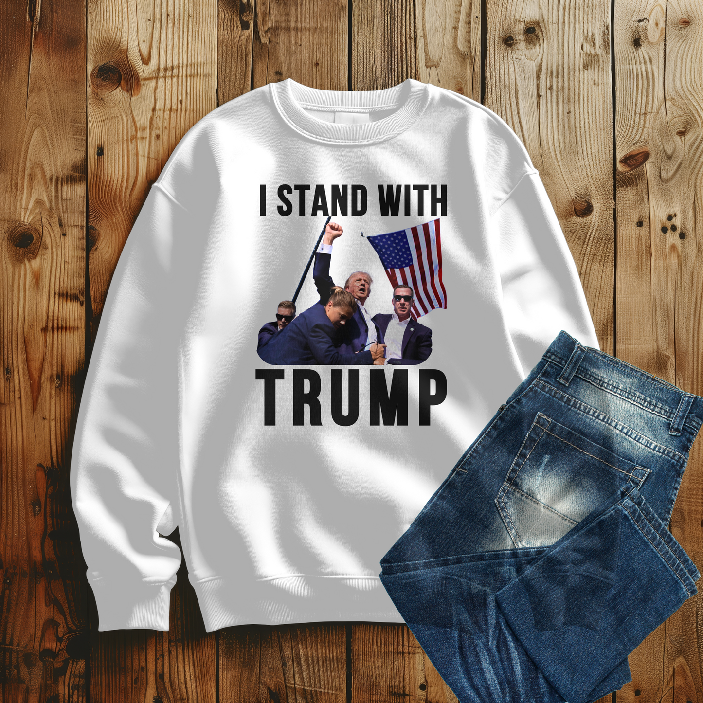 Men’s I Stand With Trump Sweatshirt – Patriotic USA Flag Conservative Pullover