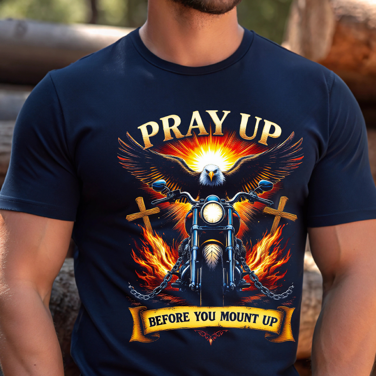 Men’s Navy Christian Tshirt with bold motorcycle and eagle graphic front view