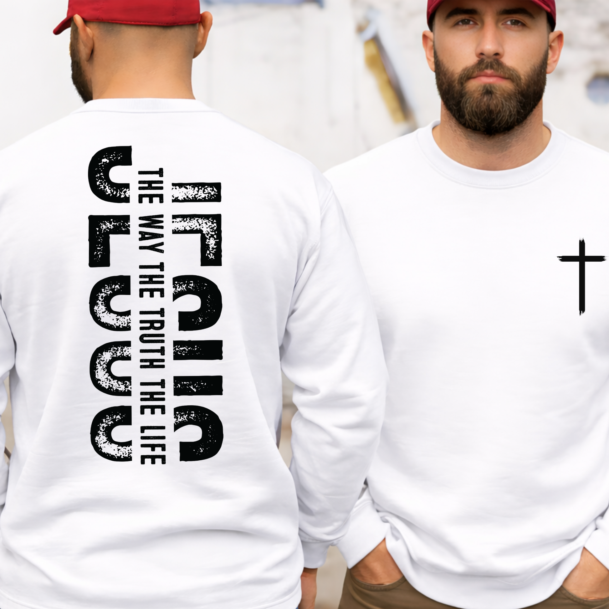 White Christian sweatshirt with black cross chest graphic and Jesus The Way The Truth The Life back design