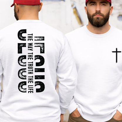 White Christian sweatshirt with black cross chest graphic and Jesus The Way The Truth The Life back design