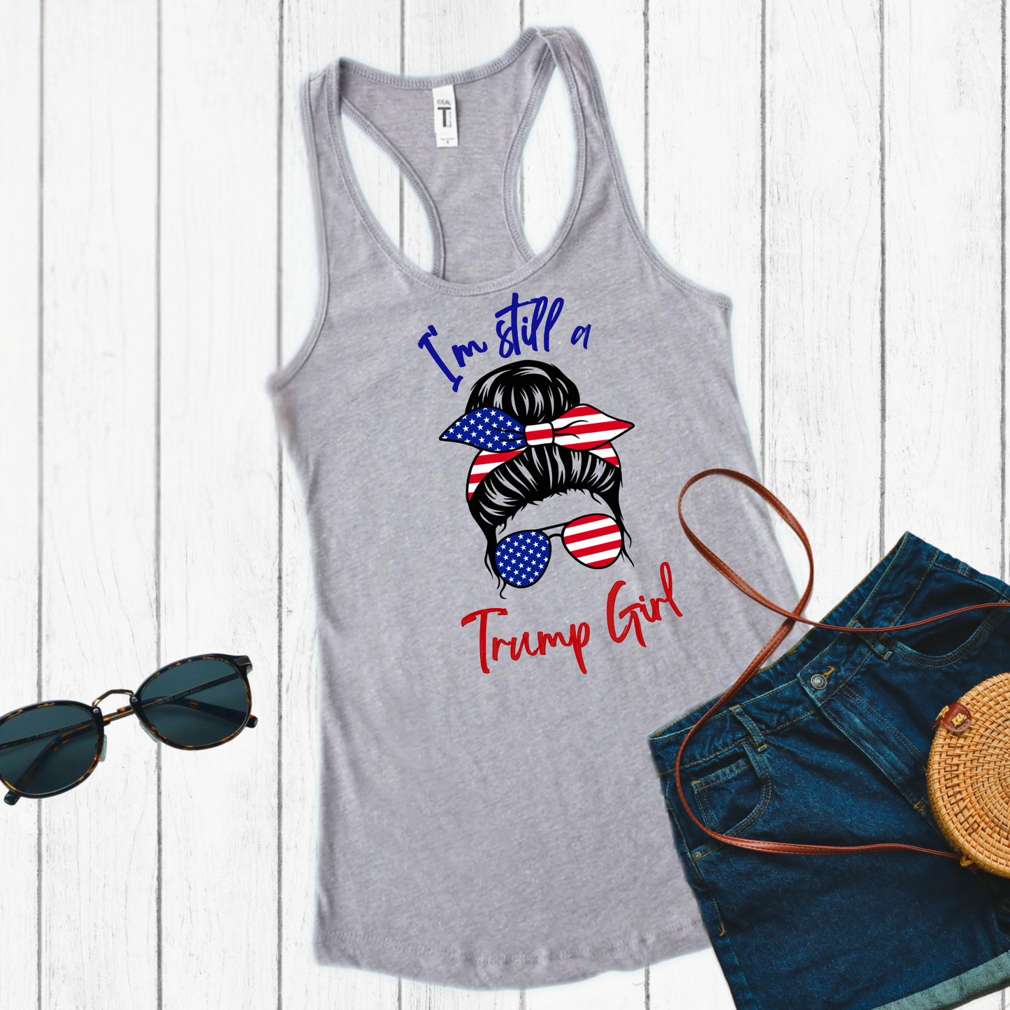 Heathered women’s racerback tank with patriotic bun and sunglasses graphic 
