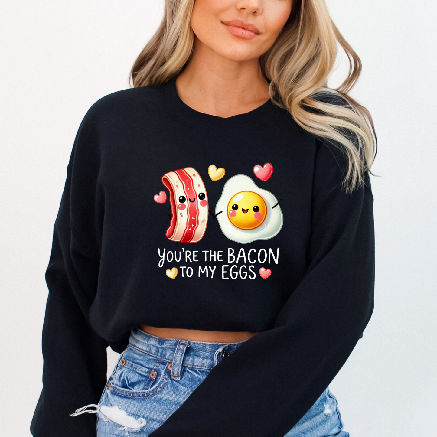 Black sweatshirt with kawaii bacon and egg and heart graphics
