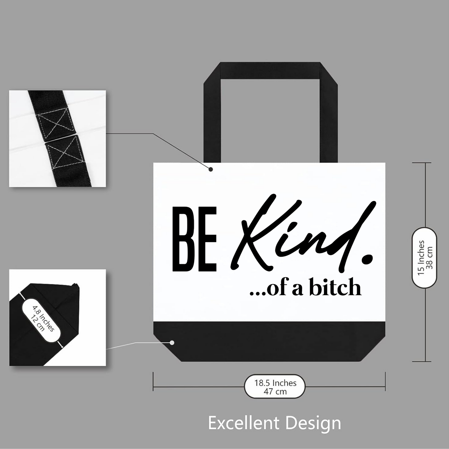 Tote bag sizing graphic showing dimensions and design placement