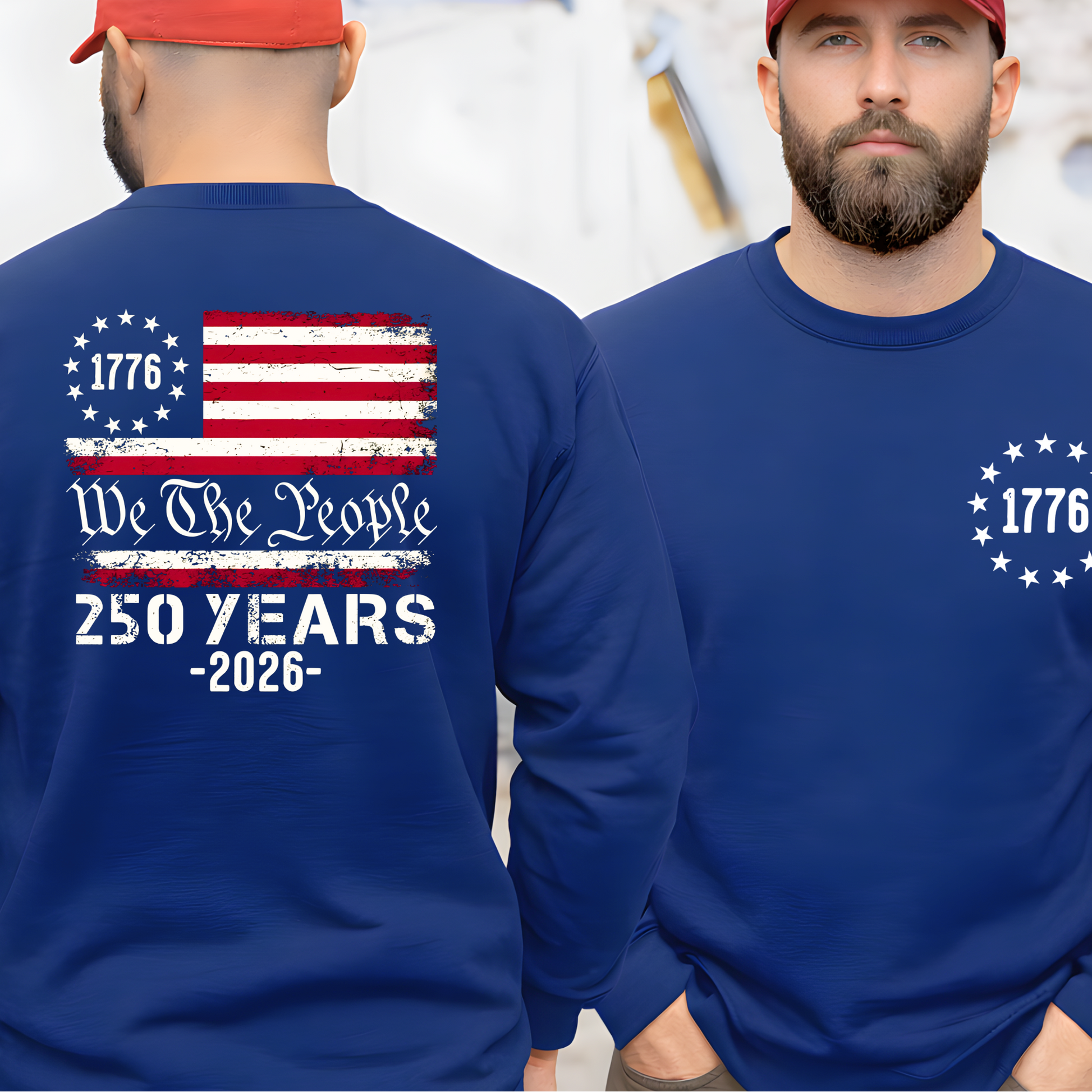 Man wearing a blue sweatshirt with American flag design and text on the back, standing against a white background.