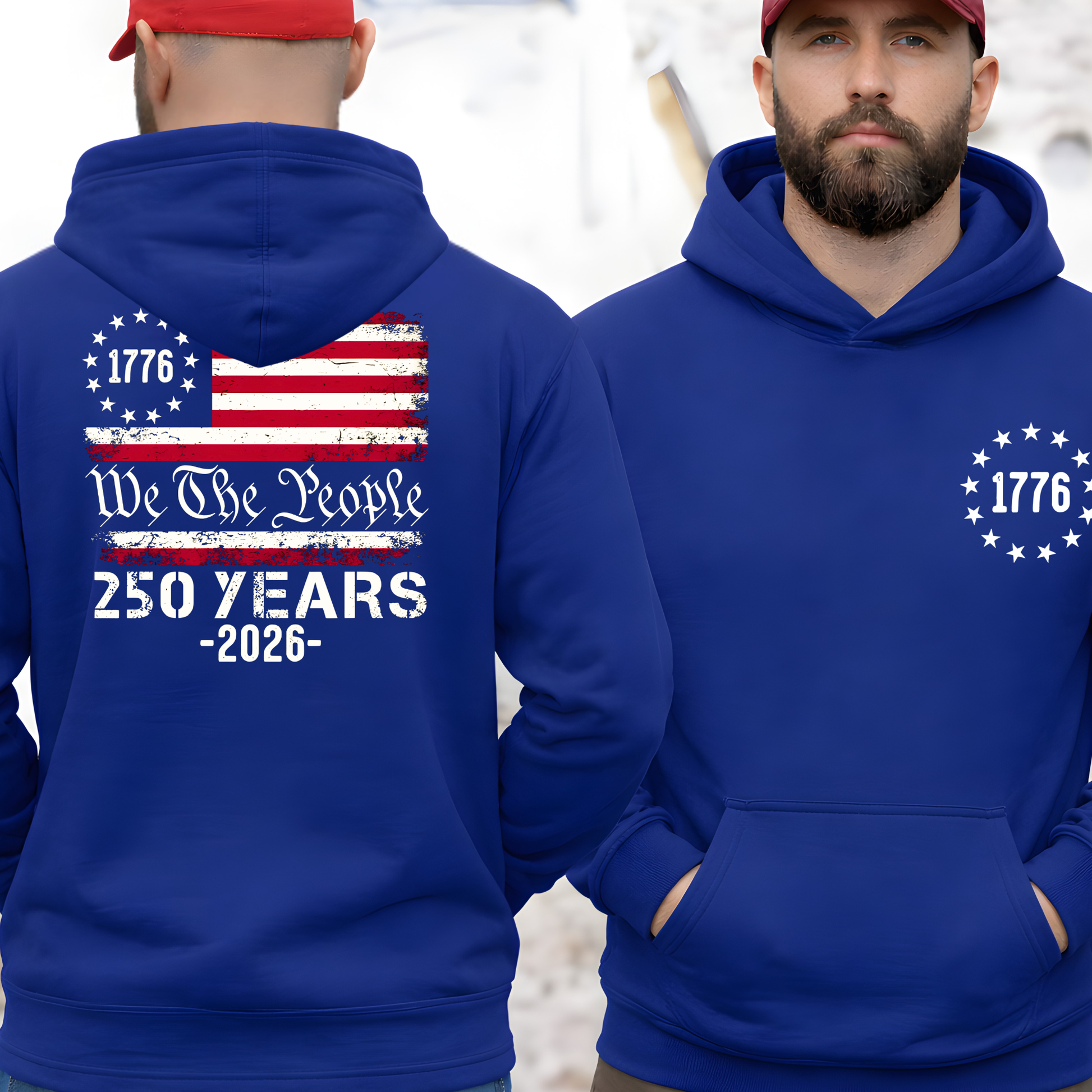 Man wearing a blue hoodie with American flag design and text on the back, standing outdoors.