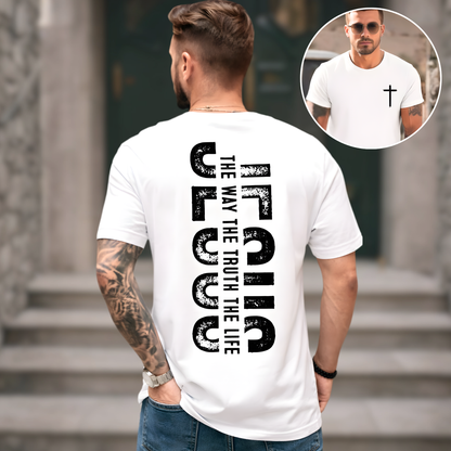 White Christian t-shirt back view with Jesus The Way The Truth The Life graphic and front cross detail inset