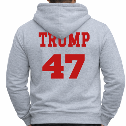 Trump 47 hoodie back design close up, bold red number 47 patriotic print