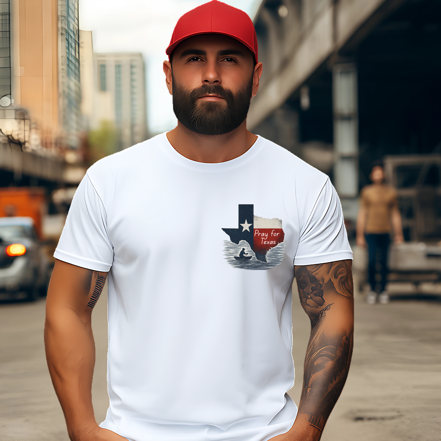 White unisex Pray for Texas shirt modeled outdoors. Features Christian-inspired Texas flood graphic on front chest.

