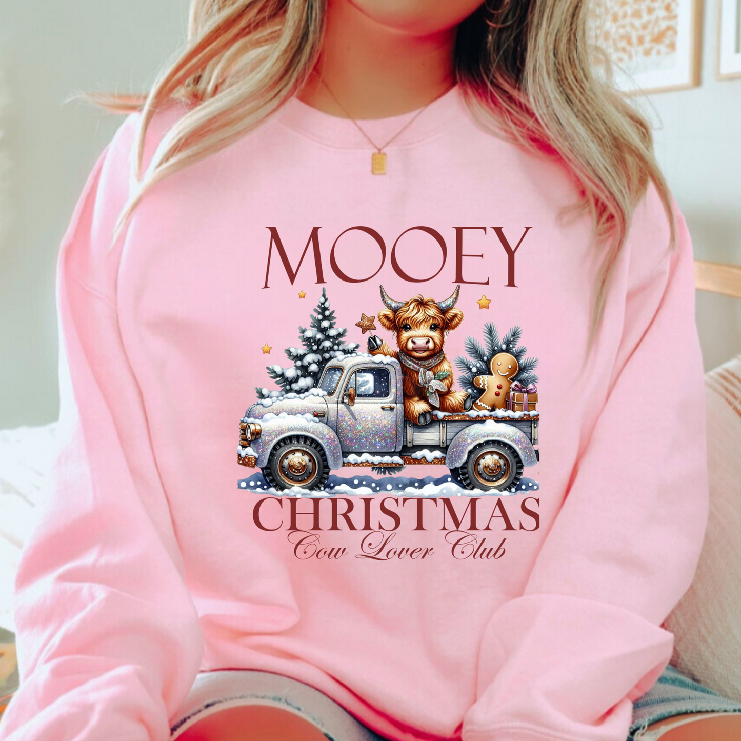 Pink sweatshirt with cow holiday graphic – cozy Christmas gift for her
